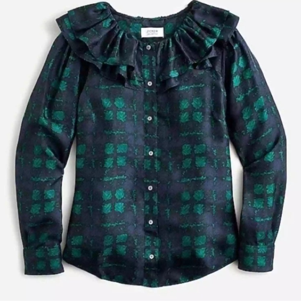 NWT J Crew XXS Silk Twill Plaid Ruffle Collar Top MSRP $148